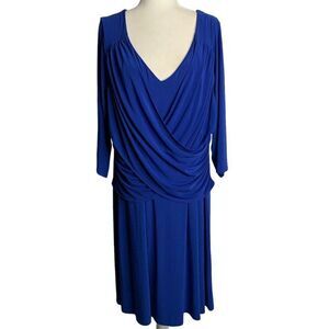 B Slim Shapewear V Neck Dress 3XL Blue 3/4 Sleeve Knee Length Stretch Knit NEW
